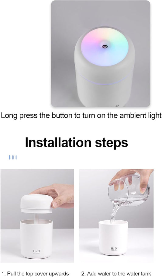 300Ml Air Humidifier USB Small Portable Colorful Ambient Continuous/Intermittent Mist Mute Humidifying Timing Power Off