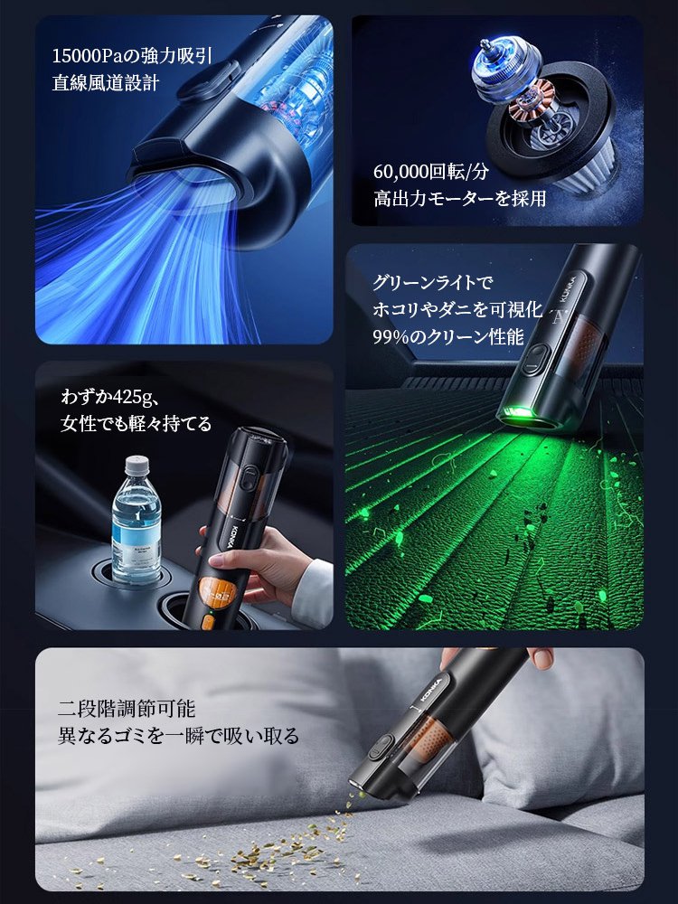 5-in-1スマートハンディクリーナー | 車·家·ペット兼用、99%の洗浄効果、グリーンライトでダニ可視化